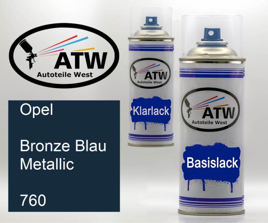 Opel, Bronze Blau Metallic, 760: 400ml Sprühdose + 400ml Klarlack - Set, von ATW Autoteile West.